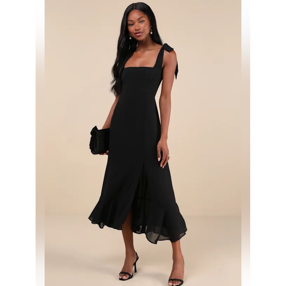 Lulus Summer Invite Black Tie-Strap Tiered Midi Dress Size L Formal Wedding NWT